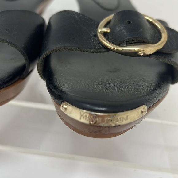 Yves Saint Laurent Sz 37 Black Leather Wood Low Heel Slide Sandals - Picture 3 of 9